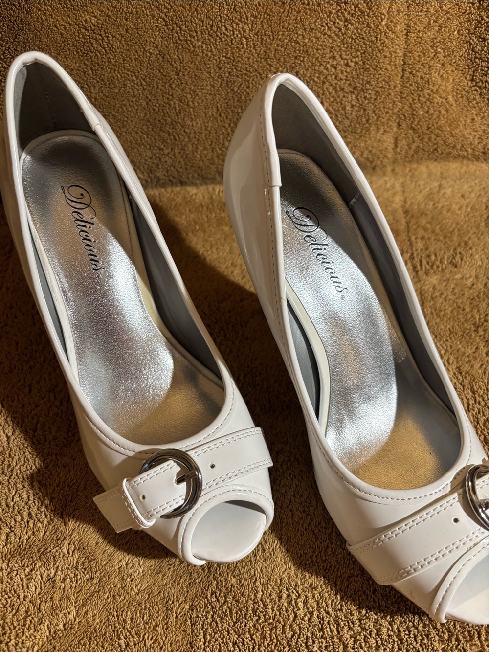 Delicious White Peep-Toe Heels with Buckle Accent - Picture 2 of 4